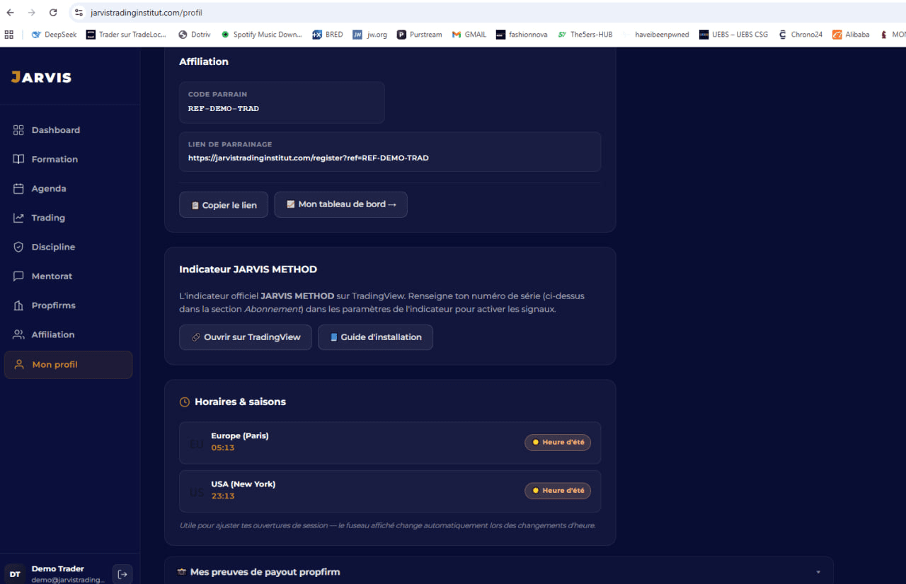 Page Mon profil avec la carte Indicateur JARVIS METHOD et les boutons Ouvrir sur TradingView et Guide d'installation