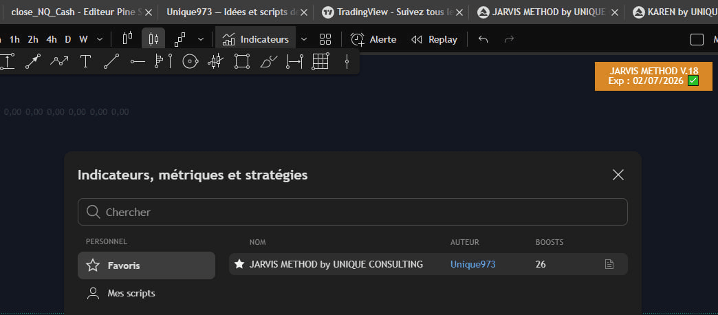 Ajout de l'indicateur JARVIS METHOD au graphique depuis la fenêtre Indicateurs onglet Favoris