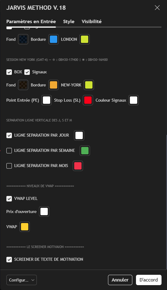 Onglet Paramètres en Entrée — Session New York, Séparations verticales, Niveaux de VWAP, Screener motivation